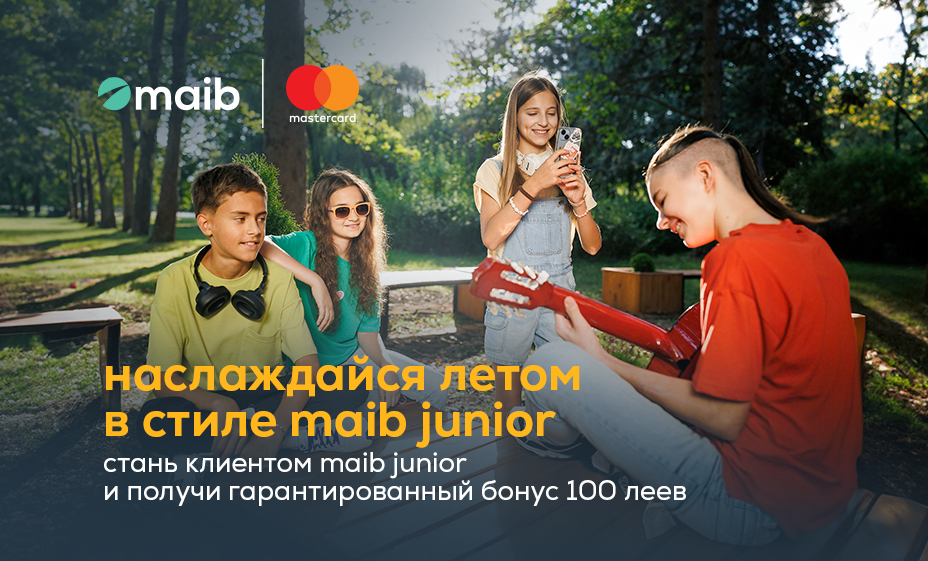 
                                        Наслаждайся летом в стиле maib junior. Стань клиентом maib junior и получи гарантированный бонус 100 леев